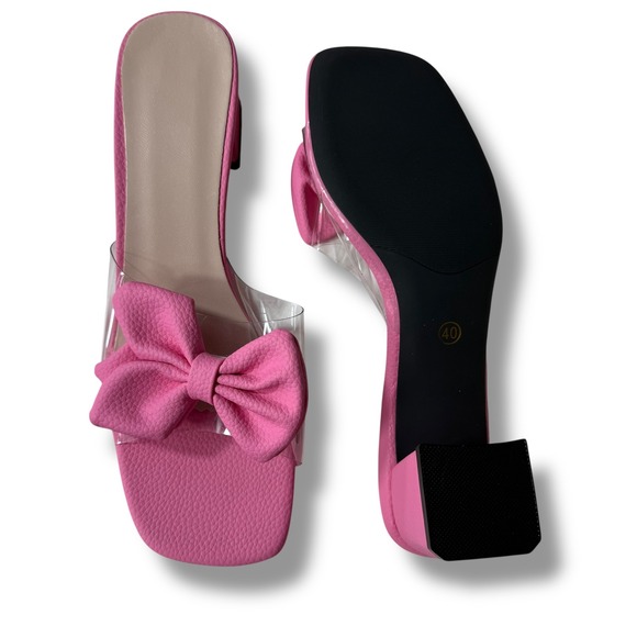 Pink Flower Sandals Slide Clear transparent Strap Block Heels Women's Sz 40/9 - Picture 9 of 11